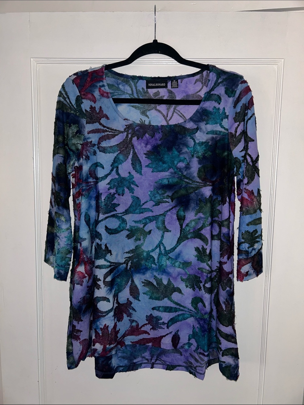 Nina Leonard Blue Purple Teal Floral Velvet Burnout Tunic Top